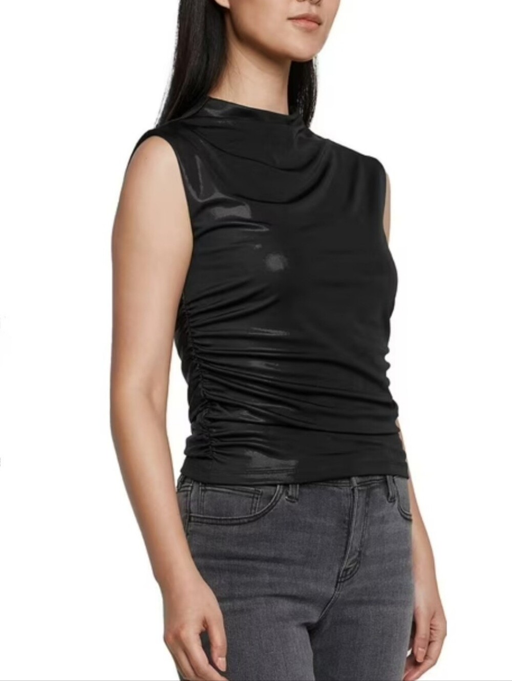 Express Mock Neck Sleeveless Top Black Shimmer Draped Black Small